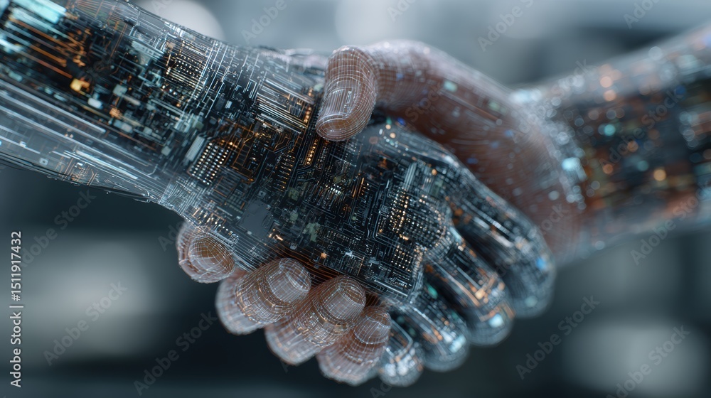 Poster a futuristic handshake between a human and a robotic hand symbolizing collaboration and innovation i