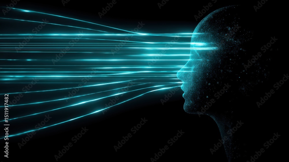 Poster a futuristic representation of artificial intelligence, showcasing glowing lines emanating from a di