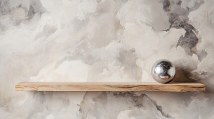 A wooden shelf with a silver ball on it.