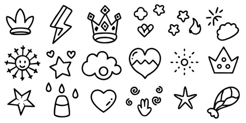 set of vector icons of flowers Hand-Drawn Doodle Icons Set – Black and White Cute Sketch Clipart Collection