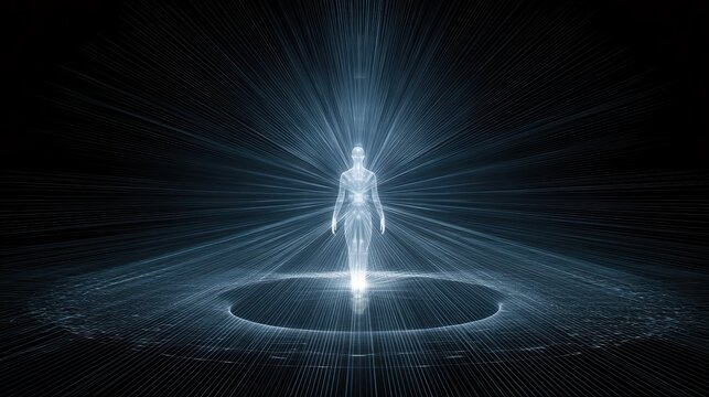 A futuristic, glowing figure surrounded by light beams, representing digital transformation and innovation.
