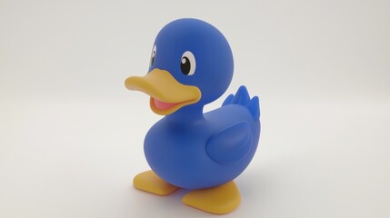 A blue rubber duck with yellow feet and beak.