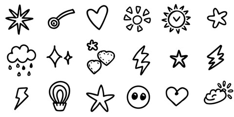 vector set of floral elements Hand-Drawn Doodle Icons Set – Black and White Cute Sketch Clipart Collection