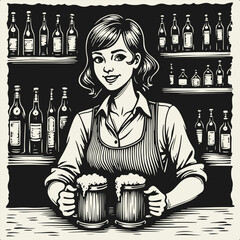 Black and white vector illustration of a female bartender serving two beer mugs at the bar counter. Perfect for Oktoberfest and International Beer Day themed designs. Clean flat silhouette style.