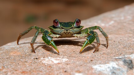 A green crab with red eyes and yellow claws sits on a rock.