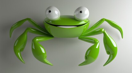 A green crab with large eyes and a wide smile.