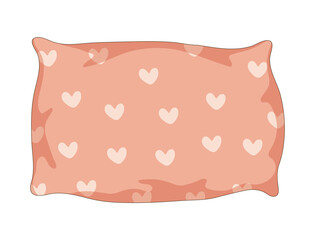 Rectangular pillow. Pink with white hearts. Cute image of a cozy pillow. Interior item. Home textile. Cartoon style. Vector illustration