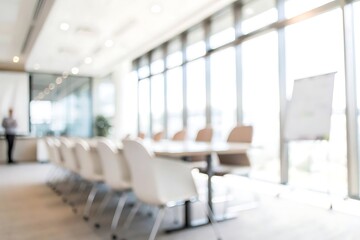Modern conference room with blurred focus on presentation area