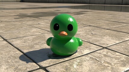 A green rubber duck with orange beak and feet sits on a gray tiled floor.