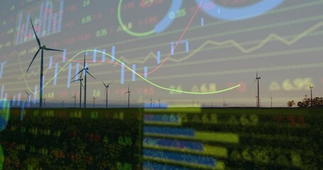 Neon data overlay emerging over wind turbines and field, animating charts visualizing performance - Powered by Adobe