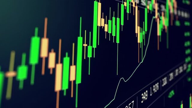 Close up of stock market chart showing green and yellow candle sticks - Powered by Adobe