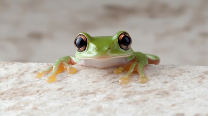 A green tree frog with large eyes and orange feet.
