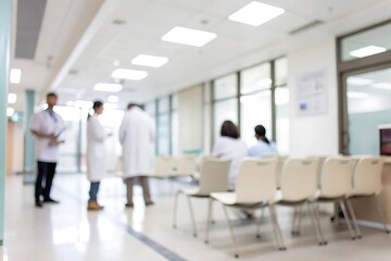 Blurred hospital scene with medical professionals and patients