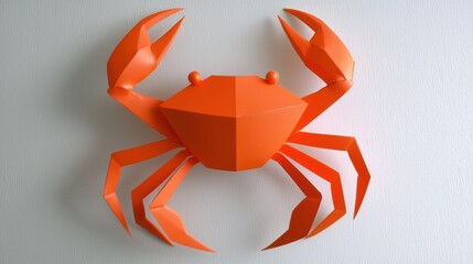 A bright orange crab sculpture with a textured shell and detailed claws.