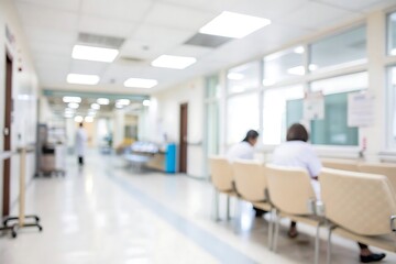 Blurred view of a hospital waiting area with patients and staff