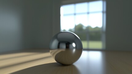 A shiny silver ball sits on a wooden table in a room with a window.