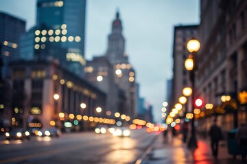 Blurred cityscape at dusk with glowing streetlights