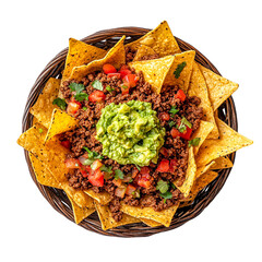 Delicious ground beef nachos with guacamole and pico de gallo isolated on transparent background