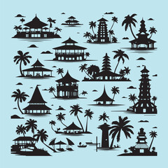 set of black various resort vector silhouettes isolated on white background