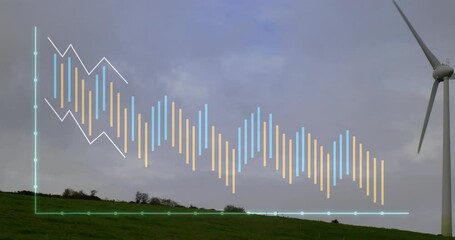 Scene opening candlesticks dropping, drawing trendline, shifting toward turbine, showing data trend - Powered by Adobe