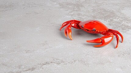 A red crab with black eyes and claws sits on a gray surface.