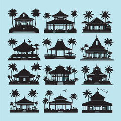 set of black various resort vector silhouettes isolated on white background