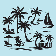set of black various resort vector silhouettes isolated on white background