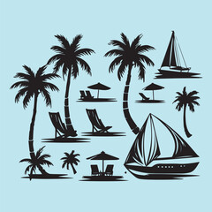 set of black various resort vector silhouettes isolated on white background