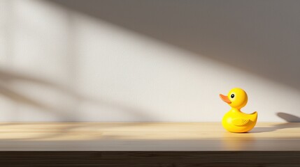 A yellow rubber duck sits on a wooden shelf against a white wall.