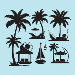 set of black various resort vector silhouettes isolated on white background