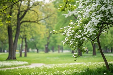 Serene spring landscape with blooming white flowers in a park