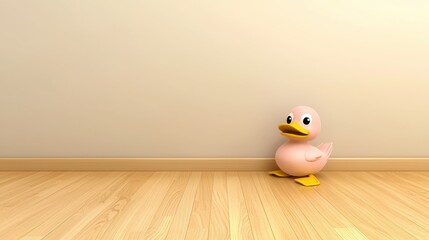 A pink duck with yellow beak and feet stands on a light brown wooden floor against a beige wall.