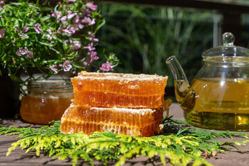 Forest Honey and Honeycomb, Jar on a Bed of Greenery