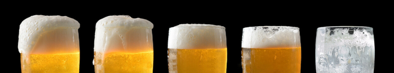 Sequence of beer consumption in different glasses black isolated background