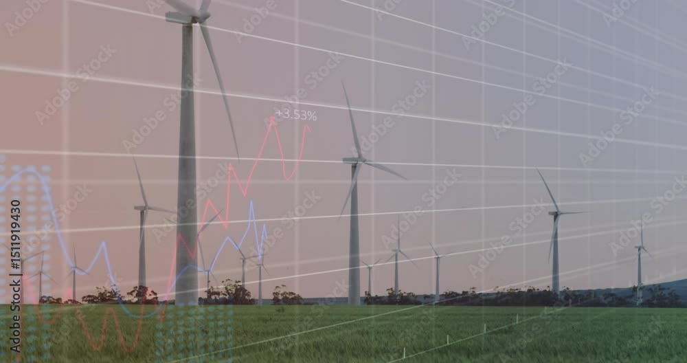 Poster after dusk, wind turbines spinning as 3d grid rising, data graphs sliding in, showing energy output