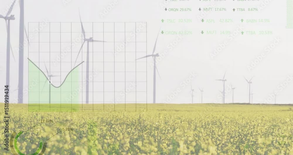 Poster grid fading in over turbine field, graphs drawing and shading bars rising gauges filling fading out
