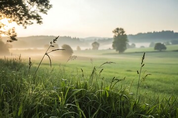 Misty morning landscape with lush green grass and trees