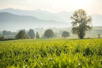 Serene morning landscape with misty mountains and lush grass