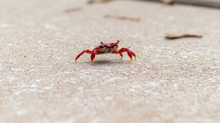A small red crab on a sandy beach.
