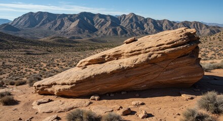 A large rock formation in a desert landscape with mountains in the distance under a clear blue sky
