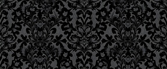 Intricate black damask floral wallpaper with shadowy gothic details, seamless repeat, damask wallpaper, shadowy