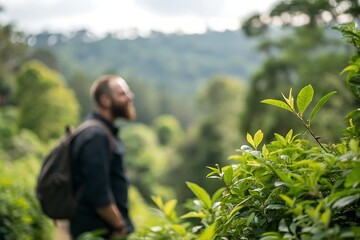 Man exploring lush greenery in a serene landscape