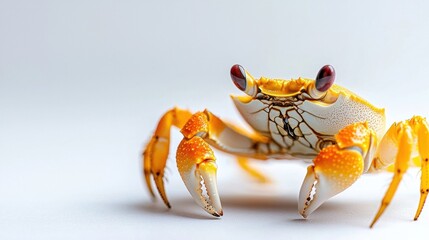 A crab with orange and white legs and red eyes.