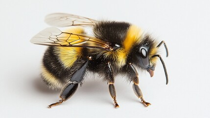 A close-up of a fuzzy bumblebee