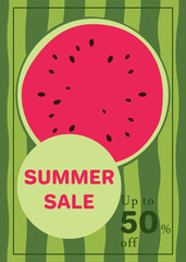 Flyer with round slice of watermelon on background of green watermelon rind. Template design for flyer, banner, poster, poster, advertisement for grocery store, market, online store, website.