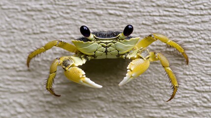 A yellow crab with black eyes and claws.