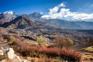 Ranipauwa, a village near Shree Muktinath temple with many hotels for pilgrims and trekkers. Autumn in Himalaya mountains, Nepal.