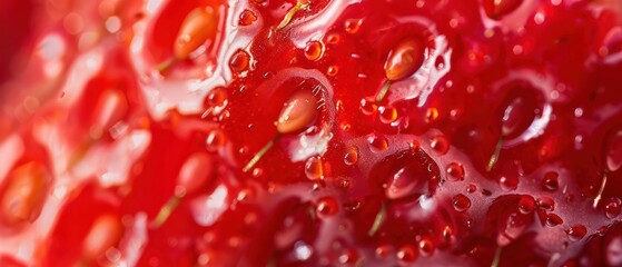 Close up macro shot ripe red strawberry fruit texture skin detail freshness and wet wallpaper.