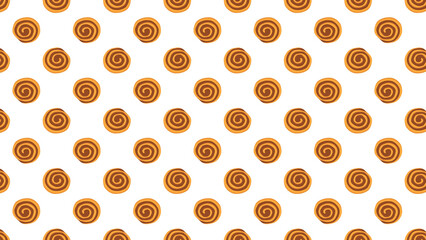 Seamless pattern of cinnamon rolls arranged in a grid on a white background forming a sweet dessert design