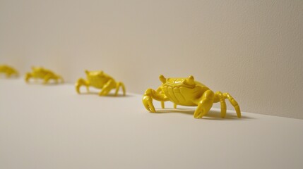 A yellow crab toy on a white surface.